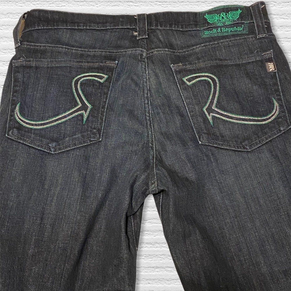 Rock & Republic Jeans Dark Blue 36 NEIL Button Fly Green Pocket Logo - Picture 5 of 13